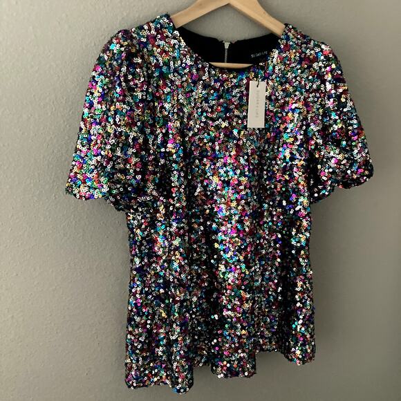Sugar Lips NEW Sequin Bubble Sleeve Top - Neptune - Medium - Picture 10 of 10